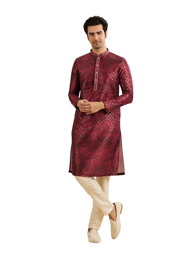 Manyavar Men's Art Silk Metallic Print Kurta Pyjama Set (2pcs)