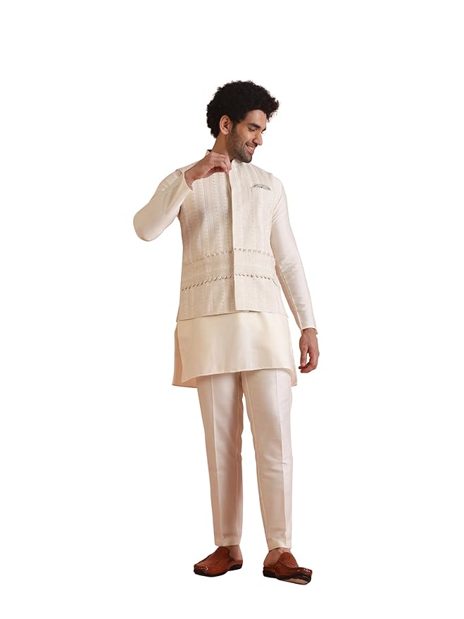 KISAH Men's Kurta Jacket Trouser Set, Beige Cotton Blend, Printed Regular Fit Mandarin Collar Long Sleeves